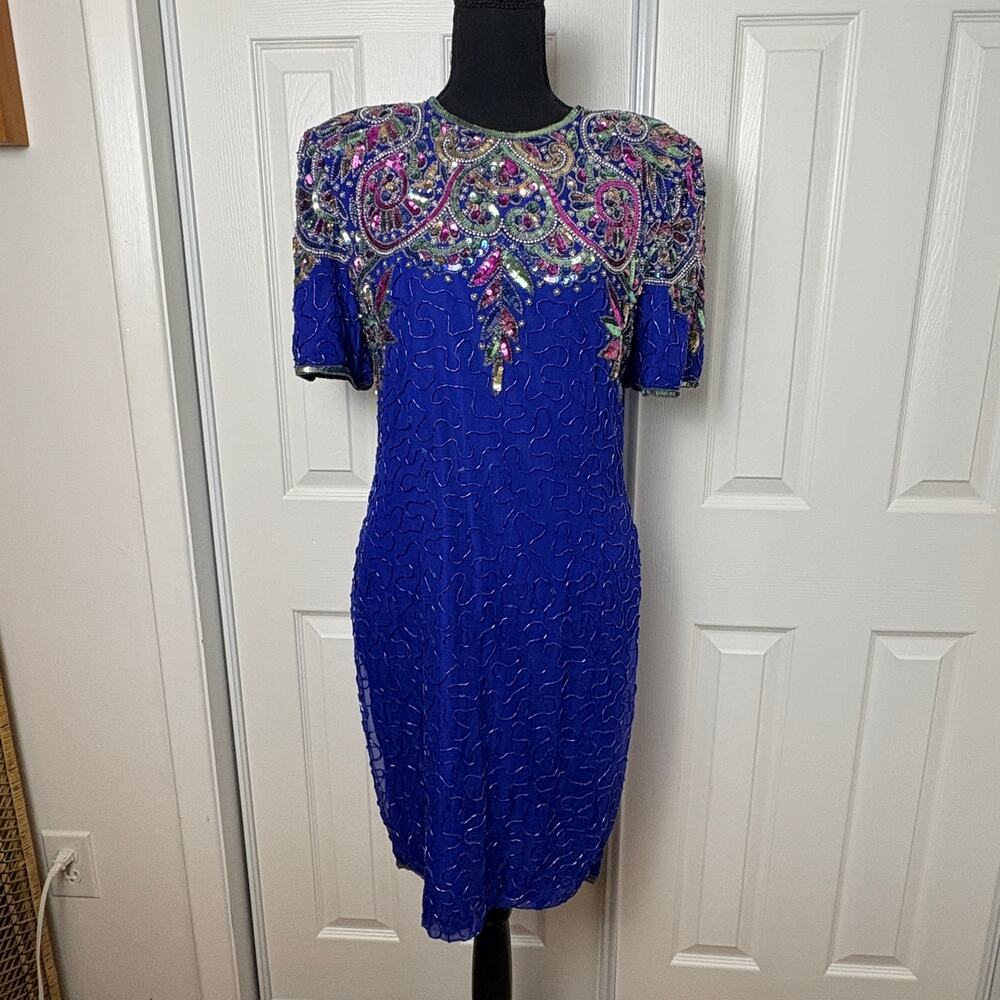 Vintage Laurence Kazar Sequin Beaded Blue L Silk Dress 80s 90s Eveningwear